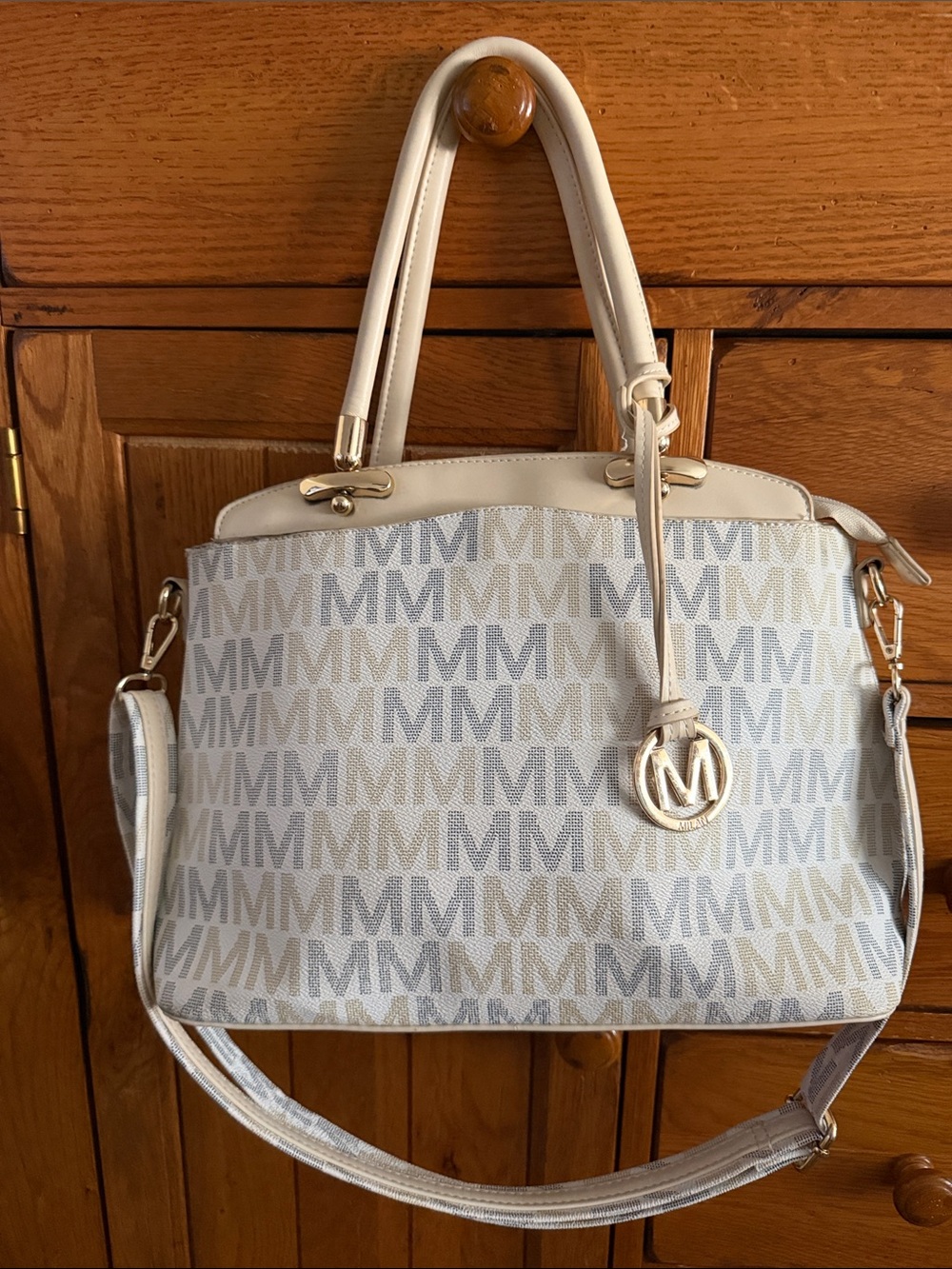 Milan Cream Logo Satchel with Gold Charm